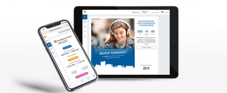 Darstellung der neuen Website von Beruf Konkret in einem Smartphone und Tablet.